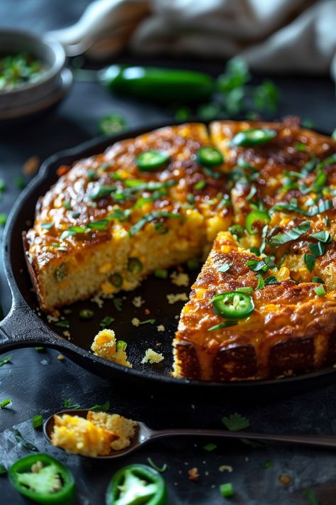 Skillet cornbread topped with jalapeño slices and fresh herbs, with a slice missing. Jalapeno Cornbread Cast Iron Skillet, Jalapeno Cheddar Cornbread Cast Iron, Jalapeño Skillet Cornbread, Cast Iron Jalapeno Cornbread Recipe, Jalepeno Cornbread Cast Iron Skillet, Cornbread Recipe Skillet, Best Jalapeno Cornbread Recipe, Cornbread Recipe Jalapeno Cheddar, Loaded Cornbread Recipe