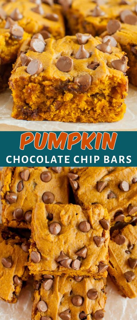 Healthy Dessert Recipes Easy Quick Chocolate Chips, Easy Pumpkin Chocolate Chip Bread, Quick And Easy Pumpkin Dessert, Can Pumpkin Recipes Easy, Pumpkin Breakfast Bars, Pumpkin Cookie Bars, Chocolate Chip Pumpkin Bars, Pumpkin Chocolate Chip Bars, Bars With Chocolate Chips