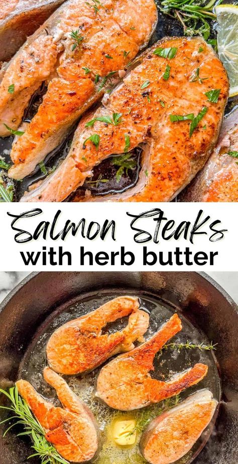 This delicious salmon steaks recipe with herb butter will be your new favorite way to cook salmon! Baked Salmon Steak, Salmon Steak Recipes, Salmon Fillet Recipes, Salmon Steaks, Cook Salmon, Broiled Salmon, Pan Fried Salmon, Salmon Steak, Easy Salmon Recipes