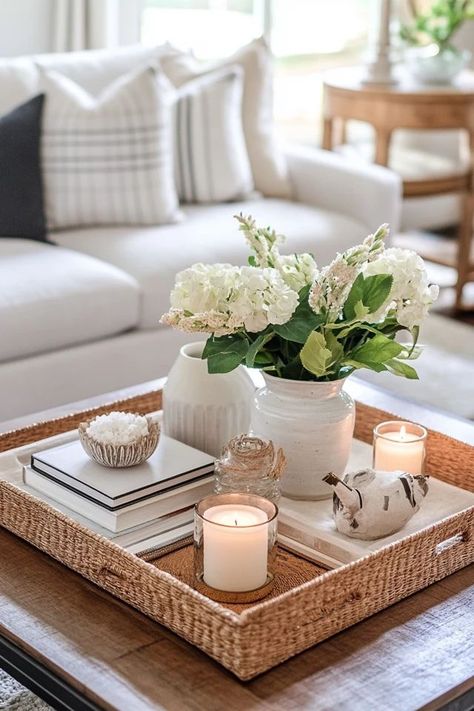 "Add a touch of elegance with Decorative Tray Styling! 🛋️✨ Perfect for organizing and displaying your favorite items in style. 🌟✨ #TrayStyling #HomeDecor #InteriorInspiration" Display Tray Ideas, Center Table Tray Decor, Large Ottoman Tray Decor, Coffee Table Decor Aesthetic, Large Ottoman Tray Decor Ideas, Styled Coffee Table, Table Basket Decor, Ottoman Decor Living Room Tray, Living Room Ottoman Decor