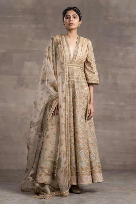 Buy Tarun Tahiliani Beige Jersey Floral Embroidered Anarkali Set Online | Aza Fashions Tarun Tahiliani Anarkali, Anarkali Designs, Nikkah Dress, Embroidered Anarkali, Tarun Tahiliani, Anarkali Dress, Churidar, Designer Wear, Set For Women