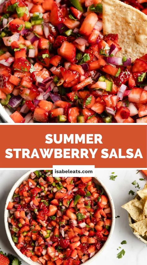 This 5-ingredient Strawberry Salsa is juicy, sweet, and perfect for summer! Filled with ripe strawberries, jalapeno, and red onion, enjoy this fresh salsa with chips, on tacos, and grilled meats for a sweet touch on all of your Mexican favorites. Fruit Salsa For Tacos, Strawberry Salsa Pioneer Woman, Strawberry Jalapeno Salsa, Different Salsas, Cooking With Salsa, Sweet Salsa Recipe, Strawberry Relish, Strawberry Salsa Recipe, Sweet Salsa