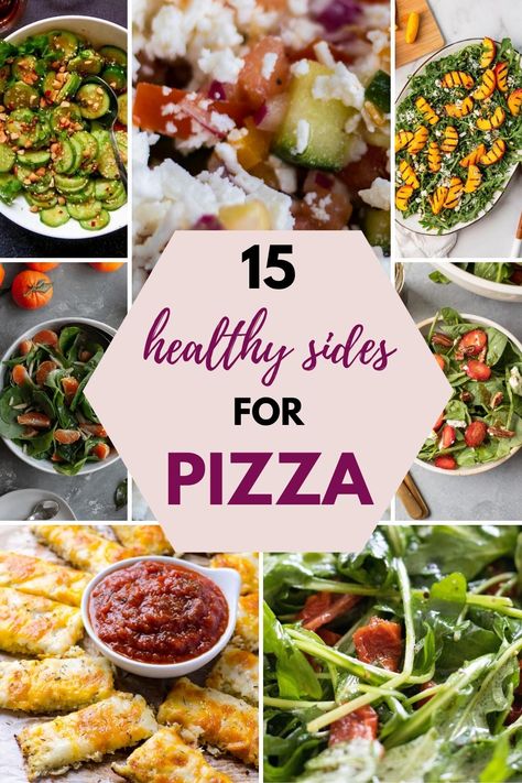 Complete your pizza night with some amazing sides! You're sure to find some new favorites in this list of 15 healthy sides for pizza. Now a pizza packs a lot of carbs & fat - so when I think pizza sides, I think light, green and healthy. Lots of salads - from green versions to fruity and extra cheesy versions - and a few extra veggie loaded options, or how about some cheesy cauliflower breadsticks? Make your pizza party complete with one of these amazing options! Sides For Pizza, Pizza Side Dishes, Cauliflower Breadsticks, Pizza Sides, Grilled Peach Salad, Make Ahead Salads, Pizza Dinner, Pizza Salad, Salads To Go