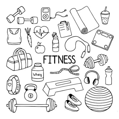 Health Doodle Art, Fitness Symbols Icons, Workout Aesthetic Drawing, Health And Fitness Images, Cartoon Dumbell, Gym Equipment Illustration, Dumbell Doodle, Gym Doodle Art, Gym Vector Art