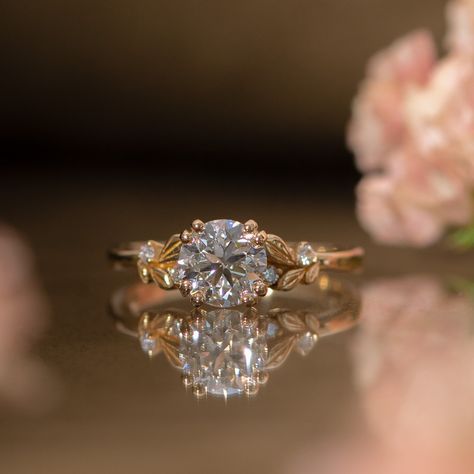 Delicate Round Brilliant Moissanite Flower Leaf Gorgeous Engagement Ring For Her Engagement Ring With Leaves, Ring With Leaves, Pretty Engagement Rings, Flower Engagement, Cute Engagement Rings, Diamond Life, Future Engagement Rings, Flower Engagement Ring, Lab Diamond Engagement Ring