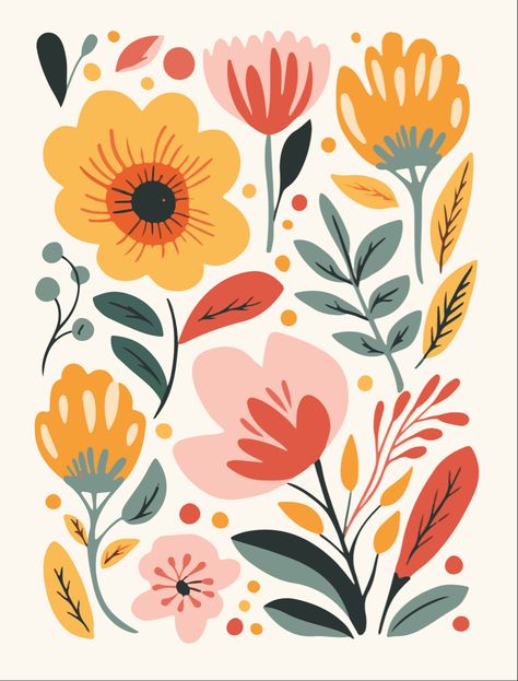 A bold floral art print, reminisenct of scandi minimalism with a colourful flare. Floral Print Art, Simple Flower Pattern Painting, Folk Floral Pattern, Floral Pop Art, 2d Paper Flowers, Trending Art Prints, Minimalist Illustration Art Design, Simple Floral Mural, Bold Floral Pattern