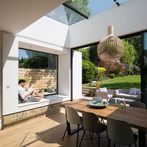 @campbellcadey posted to Instagram: as the extension is effectively a sunroom. The window seat, sliding doors and glass roof provide a complete connection with the outdoor space.   #stayhome #diningarea  #housetour  #se22 #se23 #londonhouse #insideoutside #architecturelovers #interiorsinspo #interiorstyle #housesofinstagram #interiordesignideas #windowseat #interiordesire #interior2you #architecturelovers #kitchen #interiors #livingroom #homestyle #homeinterior #interiordetails Brick Extension, Bungalow Extensions, Kitchen Diner Extension, Garden Room Extensions, House Extension Plans, Open Plan Kitchen Dining Living, Room Extensions, Open Plan Kitchen Dining, Open Plan Kitchen Living Room