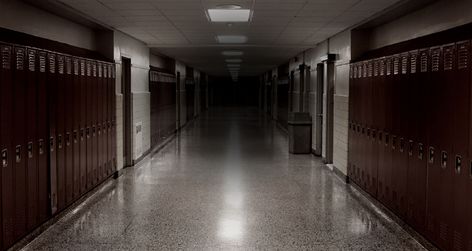 High School Background, Creepy School Aesthetic, Scary School Aesthetic, Zombie High School, High School Horror Aesthetic, Zombie School, Abandoned High School, School Hall, Indie Game Art