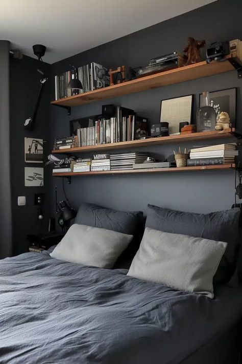 Mens Bedroom Color Schemes, Bedding Ideas Men, Bedroom For Men Modern, Small Bedroom Ideas For Men Man Caves, Men Apartment Decor Bedroom, Bed Shelves Ideas, Men Bedroom Color Schemes, Men’s One Bedroom Apartment, Masculine Minimalist Bedroom