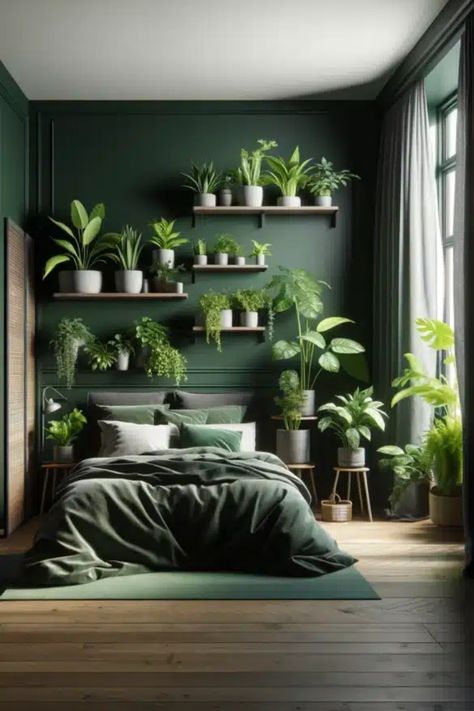 Transform your bedroom into an oasis of tranquility with these captivating dark green bedroom ideas. Discover the perfect balance between sophistication and natural aesthetics as you explore various dark green bedroom decor options. From lush bedding to mesmerizing wall colors, create an inviting space that exudes a sense of calm and relaxation. Unleash your creativity by experimenting with different shades to find the ideal dark green bedroom color scheme that resonates with your personal style Lush Bedding, Dark Green Bedroom Ideas, Green Bedroom Colors, Green Room Ideas Bedroom, Dark Green Bedroom, Dark Green Rooms, Green Bedroom Ideas, Natural Bedroom Decor, Green Bedroom Decor