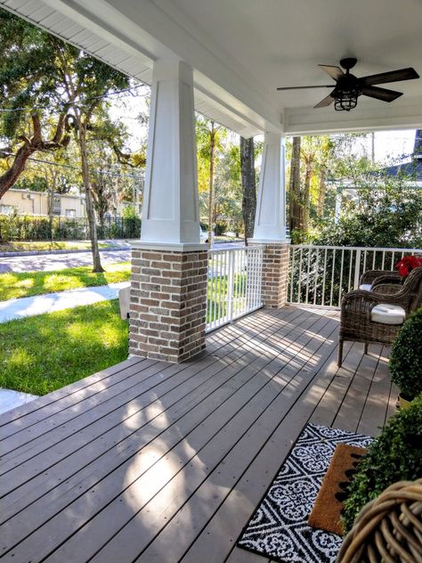 Front porch bungalow tapered columns. Craftsman style porch columns. Brick and white bungalow porch Front Porch With Brick Pillars, Front Porch Columns With Brick, Tapered Columns Front Porches, Brick Columns Porch, Front Porch Bungalow, Craftsman Porch Columns, Porch Bungalow, Bungalow Porch, Craftsman Columns