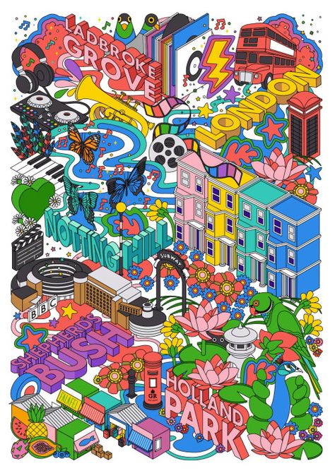 Festival Map Illustration, Event Map Illustration, Isometric Design Poster, Isometric Illustration City, Isometric Map Illustration, Isometric Building Illustration, Notting Hill Festival, Spectrum Illustration, Carnival Illustration