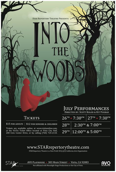 Theater Play Poster Design, Into The Woods Musical Poster, Into The Woods Poster, Fliers Design, Into The Woods Musical, Opera Poster, Broadway Party, Theatre Ideas, Woods Design