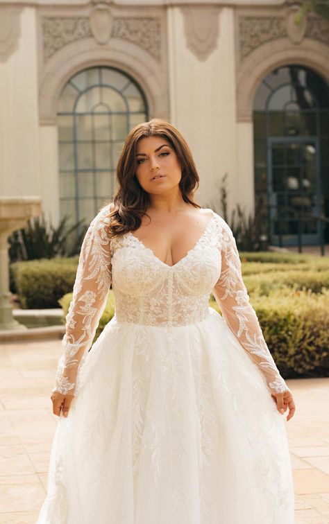 Sparkling Long Sleeve A-Line Plus Size Wedding Dress Romantic Sleeved Wedding Dress, Long Sleeve Wedding Dress Midsize, Plus Size Wedding Dresses Sweetheart Neckline, Plus Size Babydoll Wedding Dress, Caroline Wedding Dress, Wedding Dresses For Larger Busts, Simple Long Sleeve Wedding Dress Plus Size, Best Wedding Dress For Plus Size, Lace Plus Size Wedding Dress Curvy Bride