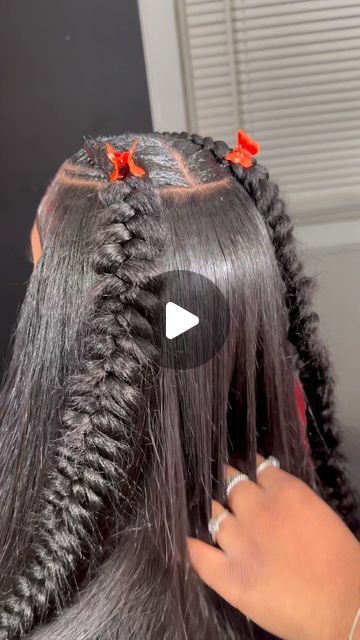 SantanaStylezz💕🐐 on Instagram: "Quick Weave W/ 2 Butterfly Stitch Braids Tutorial😮‍💨😮‍💨🔥 Using @ulahair Use Code: ULA$$ For $ Off!🫶🏽  Follow me for more content! • • • • • #knotlessbraids #chicagohairstylist  #chicagobraider #indianabraider  #senegalesetwist #bohobraids #chicagostyles #closure #closuresewin #frontal #tribals #stichbraids #indianahairstylist #braidedwig #sewin #stitchbraidclass #wig #wiginstall #wiginfluencer #bob #quickweave #quickweave2stitchbraids #SantanaStylezz 🐐" Cute And Simple Hairstyles Black Women, 2 Feed Ins With Quick Weave, 2 Braids In The Front Sew In In The Back, Two Fishtail Braids Black Women, Quick Weave Two Braids, Butterfly Braids Ponytail, Butterfly Hairstyles Braids, How To Do A Butterfly Braid, Ganaweaven Hairstyles