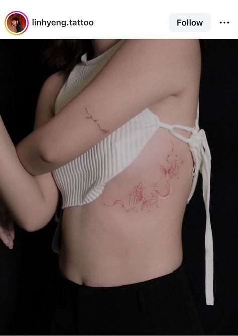 Tattoos For Ribs, Dainty Rib Tattoos, Fairy Ribcage Tattoo, Side Ribs Tattoo, Spider Lily Rib Tattoo, Rib Cage Dragon Tattoo, Front Hip Tattoo, Rib Fairy Tattoo, Inner Bicep Tattoos For Women