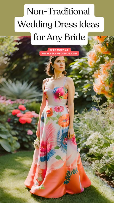 A bride wearing a colorful, non-traditional wedding dress, standing in a garden. Non Traditional Beach Wedding Dress, Alternative Wedding Dress Color Offbeat Bride, Unconventional Wedding Dress Color, Alternative Wedding Dress Color, Groom Makeup, Unusual Outfits, Nontraditional Wedding Dress, Glamorous Christmas, Wedding Dress Color