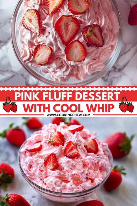 A close-up photo of a glass bowl filled with Pink Fluff dessert. The fluffy pink mixture is layered with fresh strawberries, marshmallows, and whipped cream. Fruit Cool Whip Salad, Fluffy Fruit Salad Cool Whip, Easy Whip Cream Desserts, Fruit Dessert Salad, Strawberry And Cool Whip Dessert, Strawberry Watergate Salad, Pink Fluff Dessert, Fruit Salad With Yogurt Cool Whip, Jello Fruit Salad Recipes Cool Whip