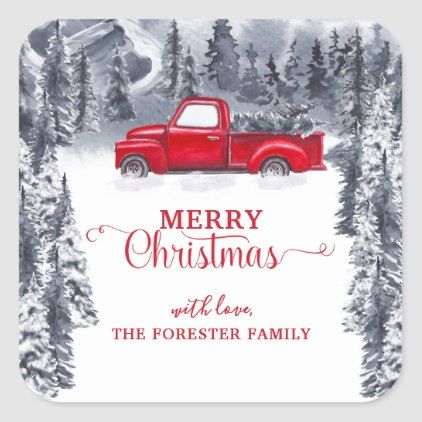 Merry Christmas Rustic Vintage Red Truck Gift Square Sticker - christmas stickers xmas eve custom holiday merry christmas Red Truck Christmas Tree, Tree Favors, Vintage Happy New Year, Truck Christmas Tree, Holiday Envelopes, Red Truck Christmas, Christmas Red Truck, Vintage Red Truck, Watercolor Christmas Tree