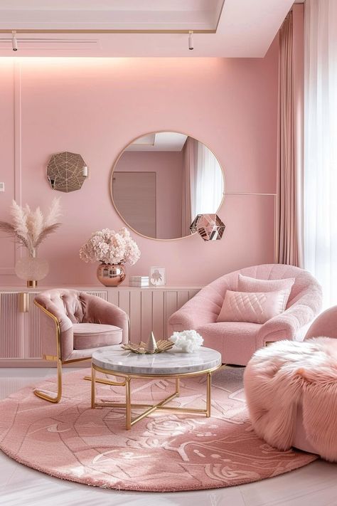 50 Modern Pink Room & Interior Design For 2024 With DIY Tips - Latest & Trendy Nail Designs Pink And Gold Lash Room, Pink And Gold Salon Decor, Gold And Pink Room, Modern Pink Room, Pink And Gold Living Room, Pink Room Interior, Pink And Gold Room, Female Office Ideas, Rose Gold Room