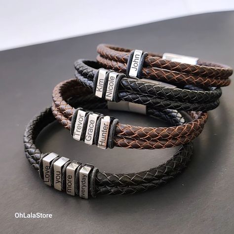 Engraved Double Braided Leather Bracelet with Stainless Steel Clasp and 1 to 4 Charms. Available in Black or Brown Leathers. OhlalaStore.Etsy.com & OhLalaTrendy.com ❤️✨️💎 Men Leather Bracelet, Font Examples, Braided Leather Bracelet, Mens Leather Bracelet, Braided Leather, Family Name, Bracelet Sizes, Gift For Him, Timeless Pieces