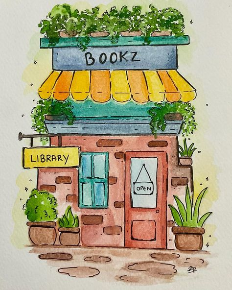 Building Watercolor Painting Easy, Art Sketches Watercolor Easy, Art Using Watercolor, Water Colour Journal Ideas, Watercolor Art Cottagecore, Watercolor Childrens Book Illustrations, Watercolor Drawings Easy, Cute City Drawing, Cozy Drawing Ideas