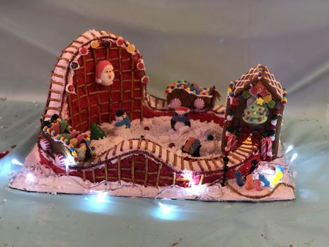 Santa’s sleigh ride 2019 Gingerbread Roller Coaster, Stadium Gingerbread House, Gingerbread Contest, Christian Canvas Paintings, Gingerbread House Candy, Gingerbread Ideas, Ginger House, Contest Ideas, Gingerbread House Designs