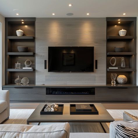 Tv Wall Media Unit, Built In Tv Wall Unit Apartment, Modern Basement Entertainment Wall, Fabric Media Wall, Stone Fireplace Media Wall, Tv Area Design Modern, Tv Media Unit Ideas, Wide Tv Unit, Tv Room Built In Cabinets