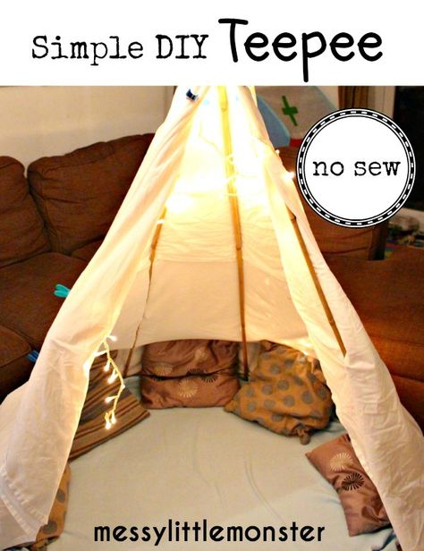 Messy Little Monster: Simple DIY Teepee Fort (No Sew) No Sew Teepee, Diy Fort, Mud Kitchen For Kids, Diy Teepee, Kids Forts, Kids Rooms Diy, Sew Simple, Baby Sensory, Kids Kitchen