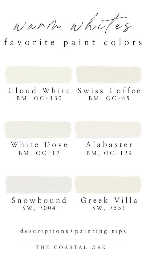 Creamy White Paint, White Dove Benjamin Moore, Benjamin Moore Cloud White, Off White Paint Colors, Cream Paint Colors, Coastal Oak, Best Wall Colors, White Paint Color, Warm Paint Colors