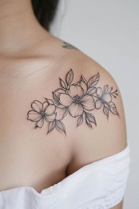 Top Flower Tattoos: Beautiful Ideas to Inspire Your Ink Hibiscus Shoulder Tattoo, One Flower Tattoo, Flowers Tattoo Design For Women, Woman’s Tattoos, Floral Tattoo Design Drawings, Cool Flower Tattoos, Shoulder Flower Tattoos For Women, Tattoo Flowers Arm, Flower Tattoo Women