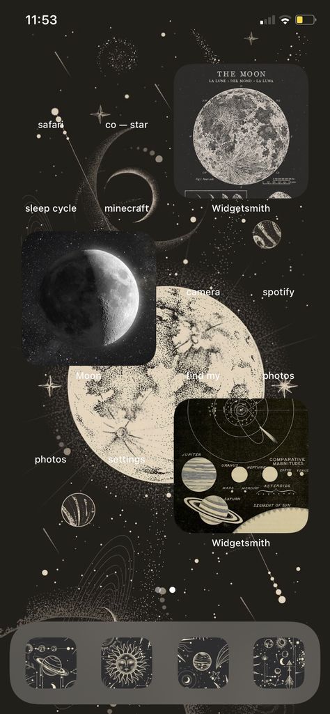 astrology wallpaper on iphone home screen fun layout and apps pt2 Iphone 12 Theme Ideas, Phone Screen Widgets, Cool Phone Theme Ideas, Cloud Homescreen Layout, Astrological Wallpaper, Astronomy Iphone Layout, Iphone Custom Home Screen, Astrology Wallpaper Iphone, Screen Widget Ideas