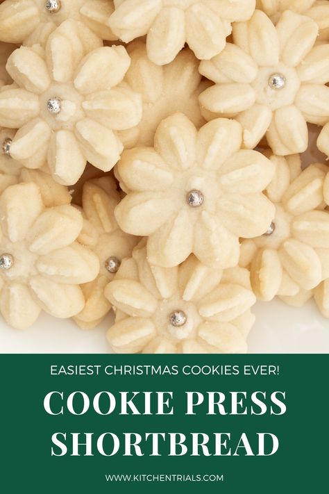 Cookie press shortbread cookies are sweet, buttery, and just melt in your mouth. They're a classic holiday cookie everybody loves, and oh so easy to make! Jello Spritz Cookie Recipe, Shortbread Press Cookies, Shortbread Spritz Cookie Recipe, Shortbread Spritz Cookies, Cookie Recipes For Cookie Press, Spitz Cookies Recipes, Best Sugar Cookies Recipe, Fluffy Shortbread Cookies, Shortbread Linzer Cookies