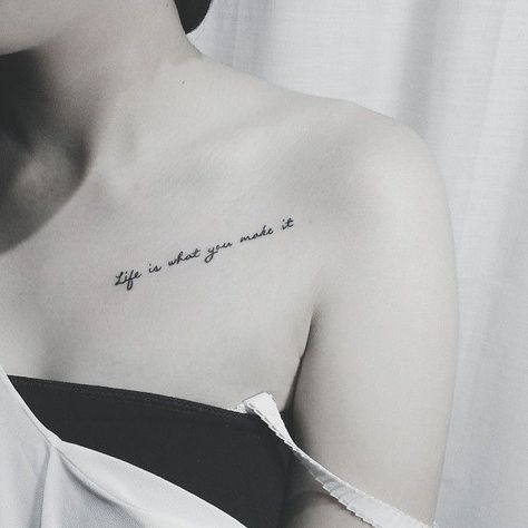 Tattoos Pequeños, Shoulder Tattoo Quotes, Collar Bone Tattoo Quotes, Molecule Tattoo, Bone Tattoo, Small Quote Tattoos, Bone Tattoos, Text Tattoo, Small Tattoos Simple