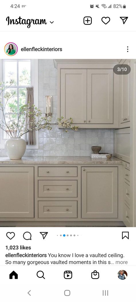 If we do a corner pantry storage situation Balanced Beige Sherwin Williams, Hampton Style Kitchen, Transitional Kitchen Ideas, Beige Kitchen Cabinets, Cream Kitchen Cabinets, Taupe Kitchen, Beige Cabinets, Taupe Walls, Bath Cabinet