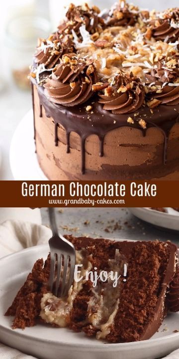 This Classic German Chocolate Cake Recipe is made with layers of decadent, moist chocolate cake and frosted with rich buttery coconut-pecan frosting and indulgent chocolate buttercream. This cake is sure to impress for the holidays, a birthday or any celebration!  #cake #chocolate #chocolatecake #germanchocolate #germanchocolatecake #cakerecipe German Chocolate Cake Ideas, Simple German Chocolate Cake, Fancy German Chocolate Birthday Cake, Chocolate German Cake Recipes, German Choc Cake Recipe, Moist German Chocolate Cake From Scratch, German Chocolate Cake Mix Recipes, German Chocolate Birthday Cake, Best German Chocolate Cake Recipe