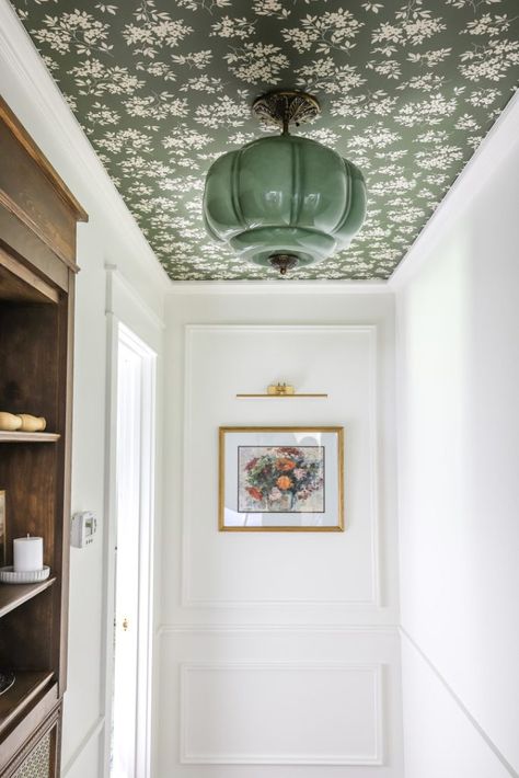 How to Hang Peel and Stick Wallpaper on Ceiling : Split Level Entry Wallpaper, What To Put At Top Of Stairs Landing, Moody Wallpaper On Ceiling, Wallpaper Entryway Ceiling, Pattern Wallpaper Hallway, Textured Wallpaper Staircase Wall, Wallpaper Ceiling Dining Room Modern, Wallpapered Archway, Paneling With Wallpaper Inside