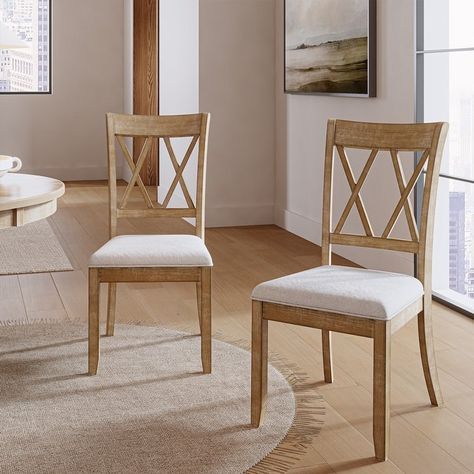 Alma Farmhouse Natural Solid Wood Dining Chair (Set of 2) by HULALA HOME - On Sale - Bed Bath & Beyond - 39642168 Kitchen Table Chairs Ideas, White And Wood Dining Room, Comfy Dining Chairs, Farmhouse Round Dining Table, Christmas Bedrooms, Farmhouse Style Chairs, White Kitchen Table, Rustic Dining Chairs, Kitchen Table Chairs