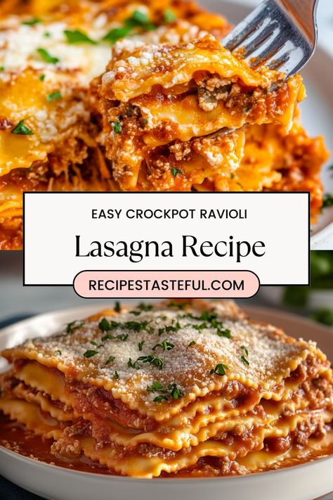 This Crockpot Ravioli Lasagna is a simple and delicious meal that's perfect for busy days. With layers of ravioli, cheese, and sauce, it’s sure to be a family favorite! Easy Crockpot Ravioli, Crockpot Ravioli Lasagna, Beef Pasta Sauce, Easy Crockpot Lasagna Recipe, Slow Cooker Ravioli Lasagna, Ravioli Lasagna Recipe, Crockpot Lasagna Easy, Crockpot Ravioli, Crock Pot Lasagna Recipe