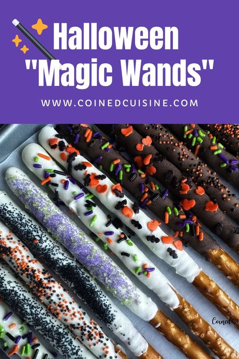 These super cute and easy "Magic Wands" will be the hit of your next Halloween Party! Chocolate-Covered Pretzel Rods are a quick treat that the kiddos can make with you. Decorate with your favorite Halloween-themed sprinkles! For more budget-friendly recipes, be sure to follow coinedcuisine.com. Halloween Pretzel Rods, Pretzel Wands, Halloween Pretzels Rods, Halloween Pretzels, Dipped Pretzel Rods, Chocolate Dipped Treats, Chocolate Covered Pretzel Rods, Chocolate Dipped Pretzels, Quick Treats