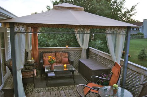 possible solution to our upstairs balcony/porch... use the screen tent to shield from the rain/mist Gazebo On Balcony, Balcony Gazebo Ideas, Deck Tent Ideas, Gazebo Tent Ideas Backyard, Screen Gazebo On Deck, Balcony Tent Ideas, Small Gazebo Decorating Ideas, Upstairs Deck Ideas, Balcony Tent