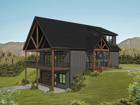 Plan 81718 | Order Code: GOEXP | FamilyHomePlans.com | 800-482-0464 Hillside Lake House Plans, Hillside Cabin Plans, Hillside Cottage Plans, River Cabin Plans, Lakehouse Plans Walkout Basement, Country Lake House Decor, Chalet Home Plans, 3 Bedroom Lake House Plans, 3 Story Cabin