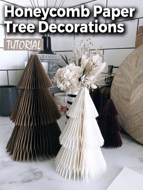 Diy Paper Tree Decorations, Paper Christmas Tree Tutorial, Accordion Paper Trees Diy, Honeycomb Paper Christmas Tree, Honeycomb Tree Diy, Diy Paper Honeycomb Christmas Tree, How To Make Paper Trees Diy Crafts, Accordion Paper Christmas Tree, Honeycomb Paper Diy