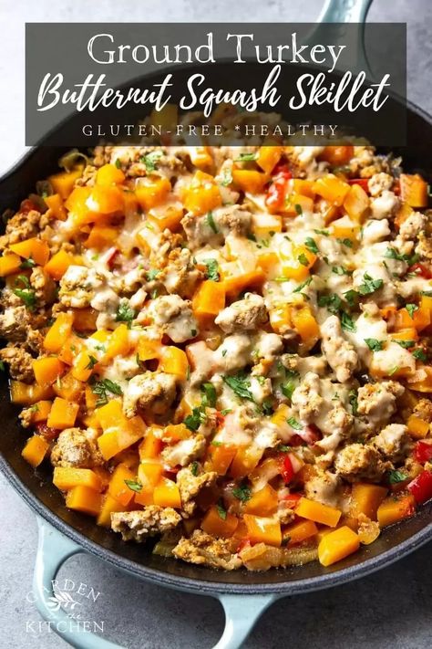 Ground Turkey Butternut Squash, Butternut Squash Skillet, Turkey Butternut Squash, Butternut Squash Dinner, Healthy Skillet Meals, Skillet Recipes, Resep Diet, Butternut Squash Recipes, Ground Turkey Recipes