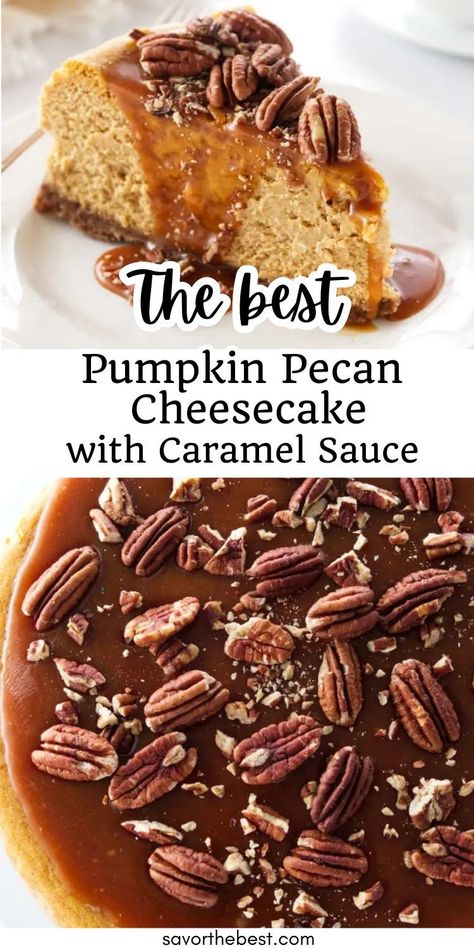 We all love that classic pumpkin pie but there isn’t any law that says we cannot have our pie and a decadent Pumpkin Pecan Cheesecake with Caramel Sauce! This cheesecake is rich and creamy with that perfect pumpkin pie flavor.  It is baked in a crisp crust made with vanilla cookies enriched with those same warm pumpkin pie spices. Indulge! You deserve it! ♥ Pumpkin Pecan Cheesecake Factory, Pumpkin Cheesecake With Caramel Sauce, Caramel Pecan Pumpkin Cheesecake, Pecan Pie Pumpkin Cheesecake, Cheesecake With Caramel Sauce, Unique Cheesecake Recipes, Pumpkin Pecan Cheesecake, Classic Pumpkin Pie, Cheesecake Easy