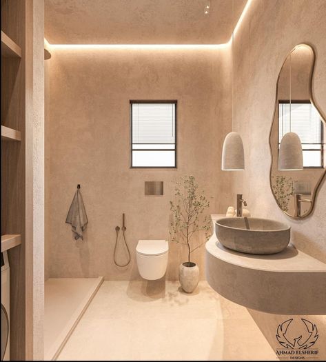 Beige Microcement Bathroom, Wabi Sabi Small Apartment, Sand Color Bathroom, Neutral Tone Bathroom, Wabisabi Bathroom, Small Neutral Bathroom, Modern Neutral Home, Wabi Sabi Bathroom, تصميم دورة مياه