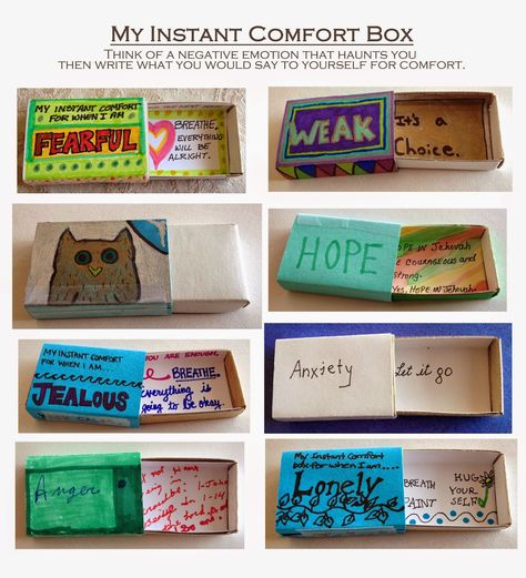 Shared Easel Blog - Wendy Meg Siegel: Instant Comfort Boxes http://sharedeasel.blogspot.com/ Art Therapy Directives, Comfort Box, Recreation Therapy, Art Therapy Projects, School Social Work, Therapeutic Activities, Counseling Activities, Child Therapy, Art Therapy Activities