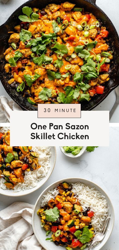 Flavorful one pan sazon skillet chicken made in just 30 minutes for a delicious, veggie and protein-packed dinner the whole family will love! This easy sazon skillet chicken is made with homemade sazon seasoning and beautiful summer veggies. Enjoy as-is or serve with rice, quinoa and your fav toppings. #chicken #healthydinner #onepanmeal #mealprep #glutenfree Homemade Sazon, Sazon Recipe, Ambitious Kitchen Recipes, Sazon Seasoning, January Recipes, Dump Dinners, Ambitious Kitchen, Summer Veggies, Chicken Entrees