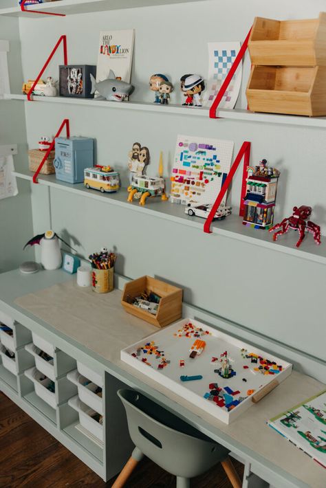 arlo’s big boy room Kids Lego Storage, Lego Desk, Lego Bedroom, Rooms Decoration, Big Boy Bedrooms, Boys Playroom, Kids Basement, Making Changes, Lego Room