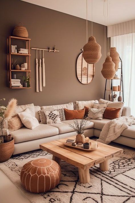 Living Room Boho Designs, Home Decor Palette Ideas, Boho Home Interior Design, Earthy Colors Living Room, Pouf In Living Room, Earthy Apartment Decor, Boheme Living Room, Apartamento Boho Chic, Warm Boho Living Room